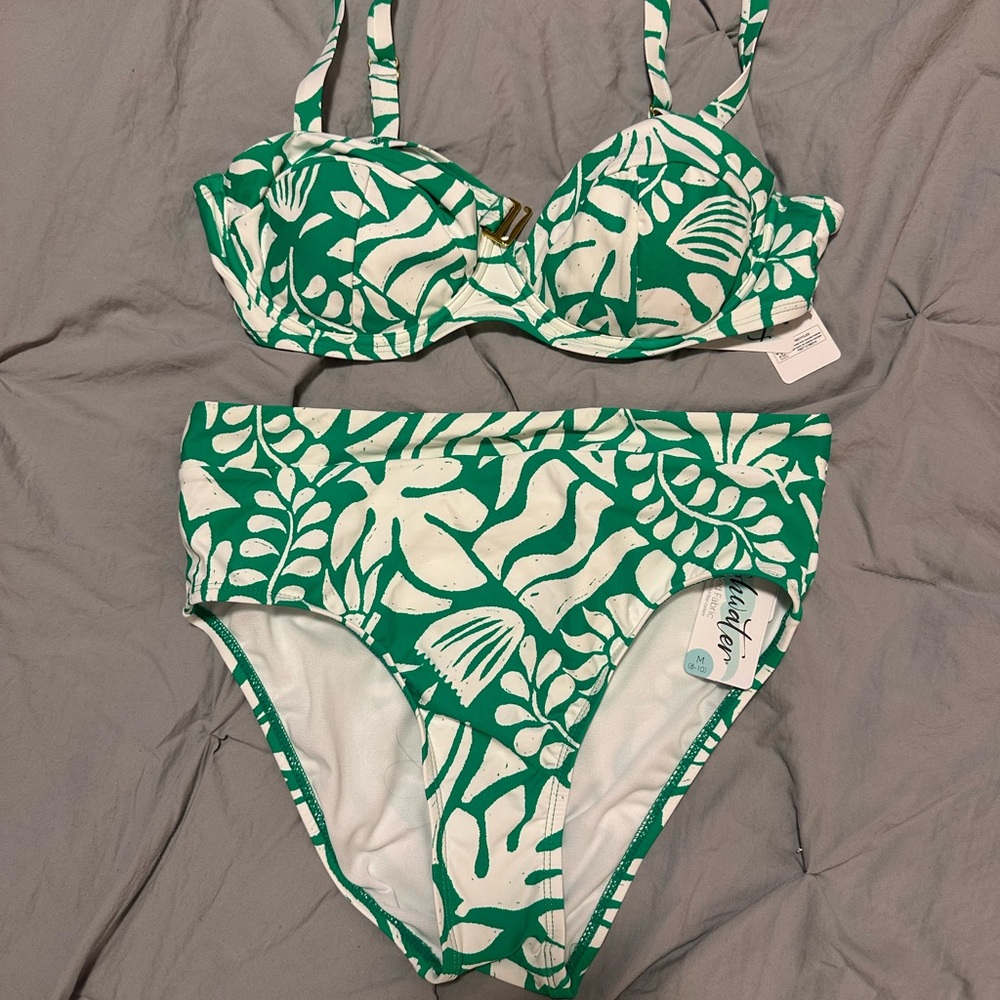 Green and White Leaf Print Bikini Set